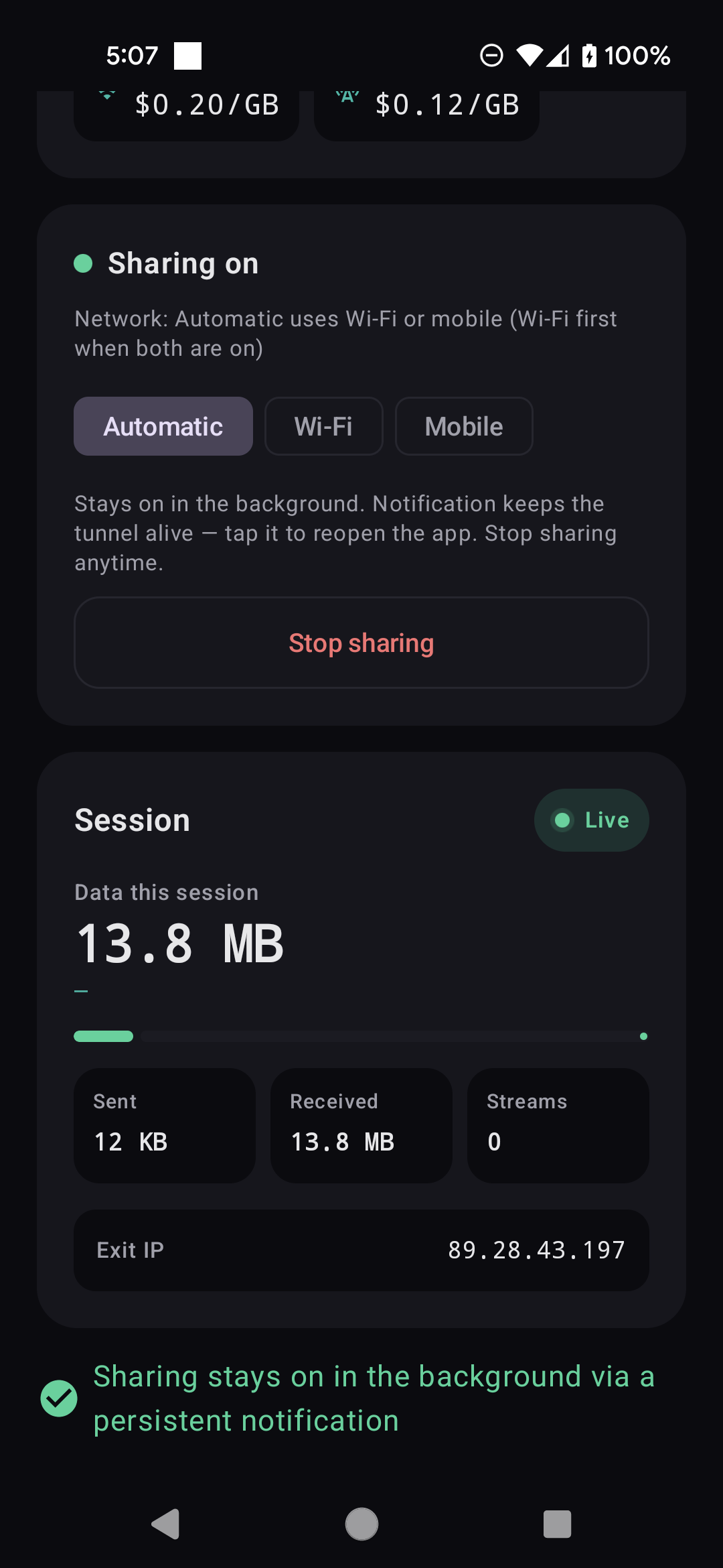 BusyProxy Android — Session · exit IP